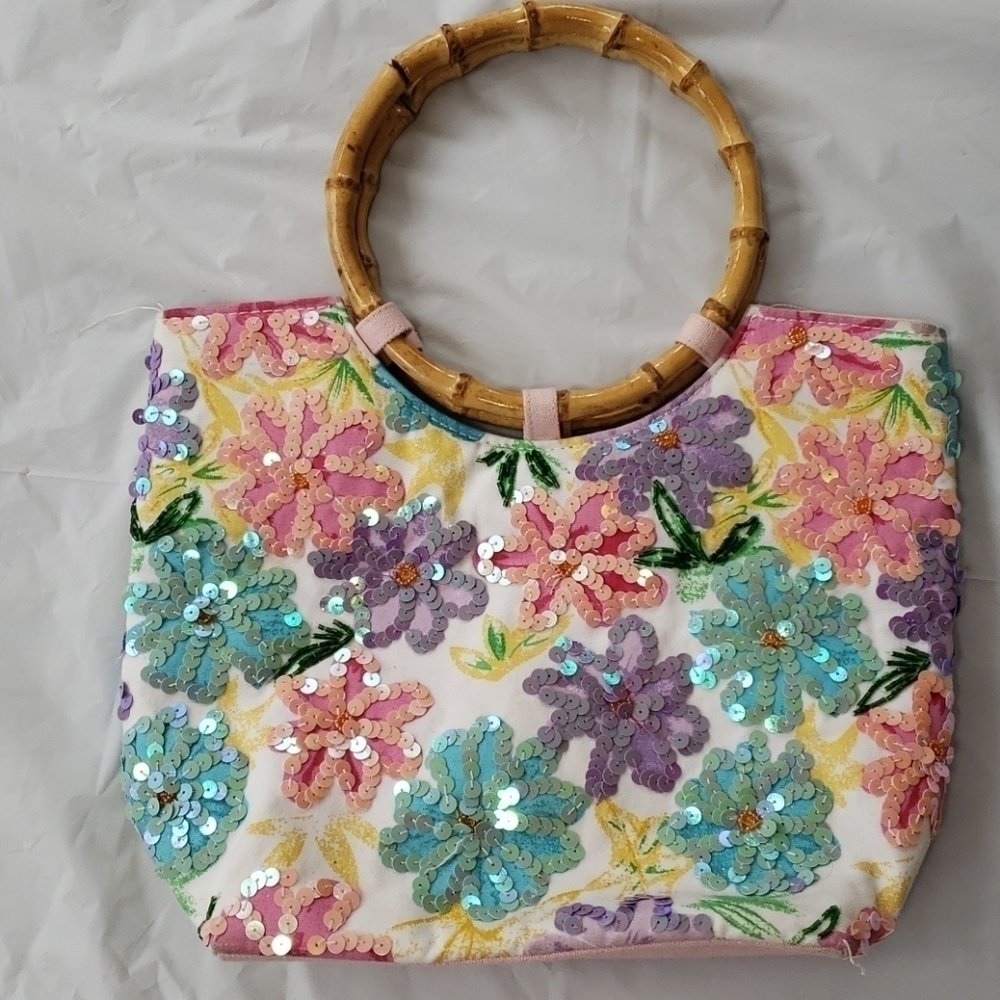 Jn's Spring Floral Sequined Fabric Bamboo Handbag Handbag Purse Pretty!